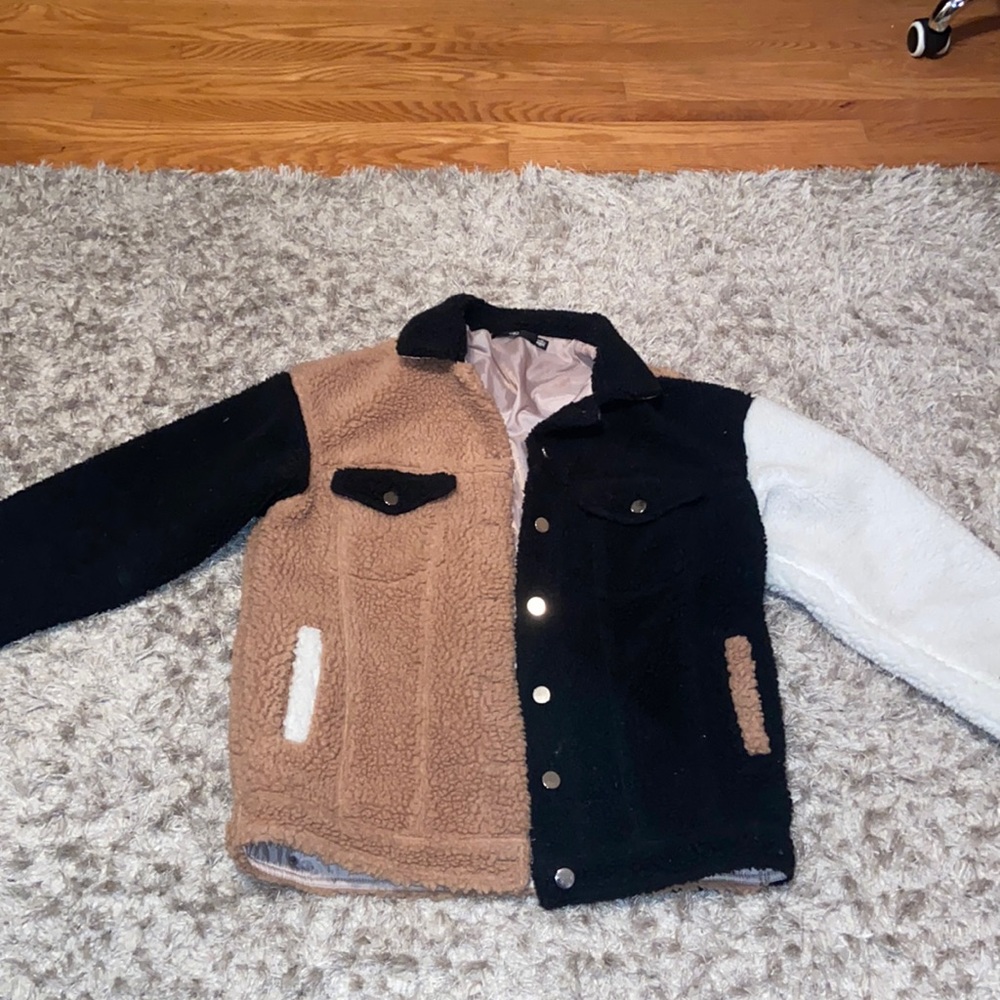 Colorblock shacket, small stains in whtie section that should easily come out